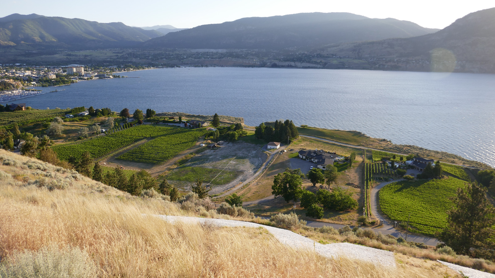 Aerial view of Penticton, Okanagan Lake and the South Okanagan vineyards